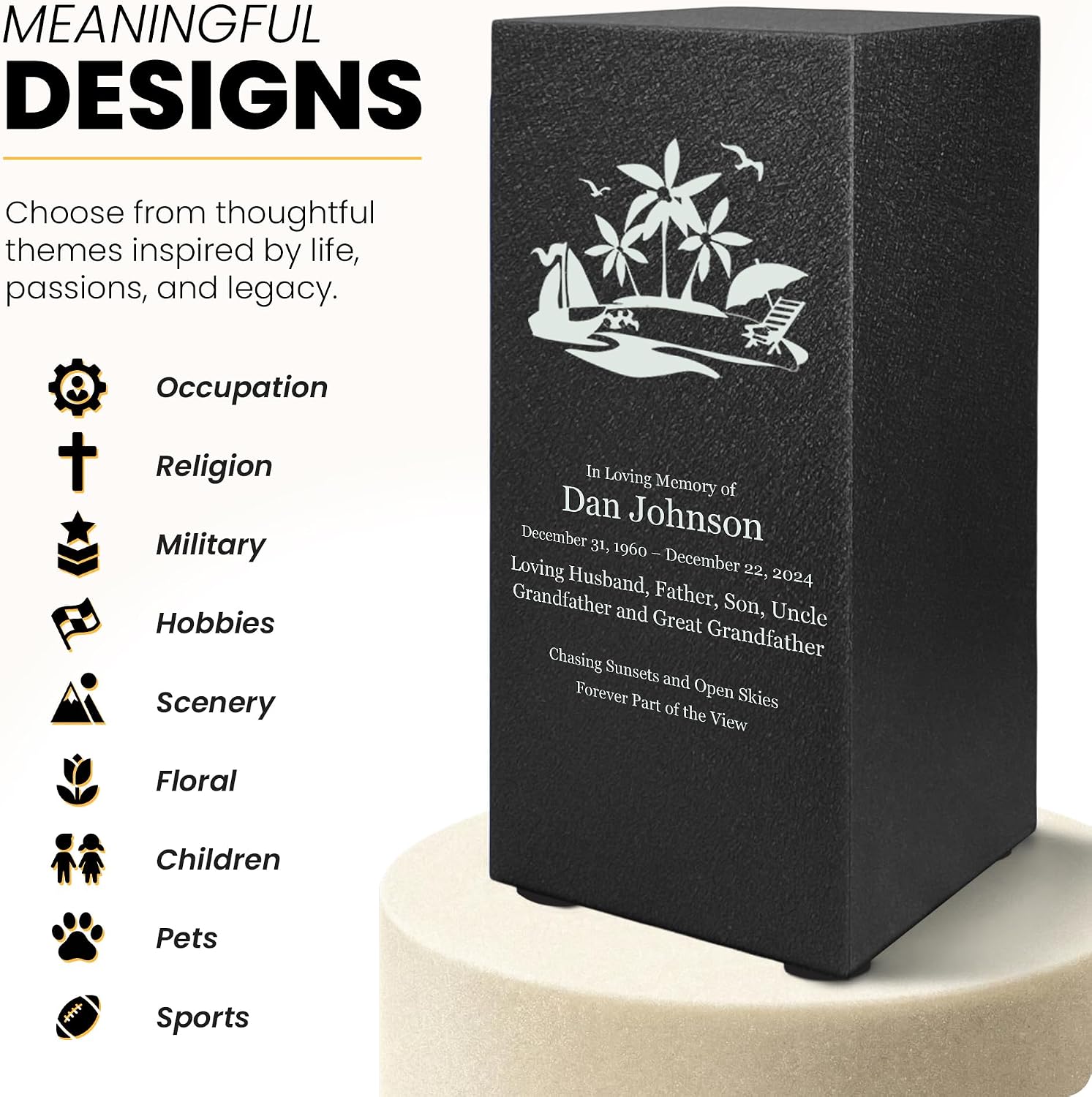 Amaranthine Urn Decorative Cremation Urns for Human Ashes - Customizable Text, Color & Base, Metal Funeral Urns for Adult Men & Women, Burial Memorial Keepsake, Made in USA - Beach Urn Without Base