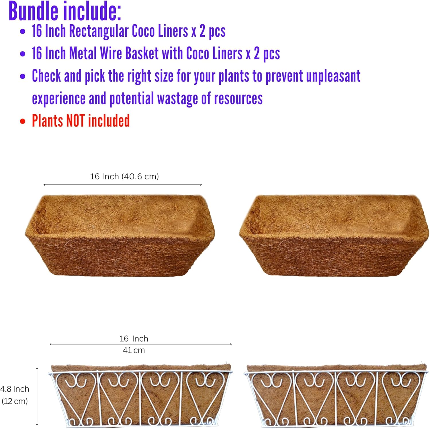 LaLaGreen Bundle- 2 Pack, 16 Inch Rectangular Metal Basket with Coco Liner + 2 Pack, 16 Inch Coconut Coir Liner Replacements Outdoor Window Flower Boxes Rail Deck Fence Porch Plants Holder Patio Decor