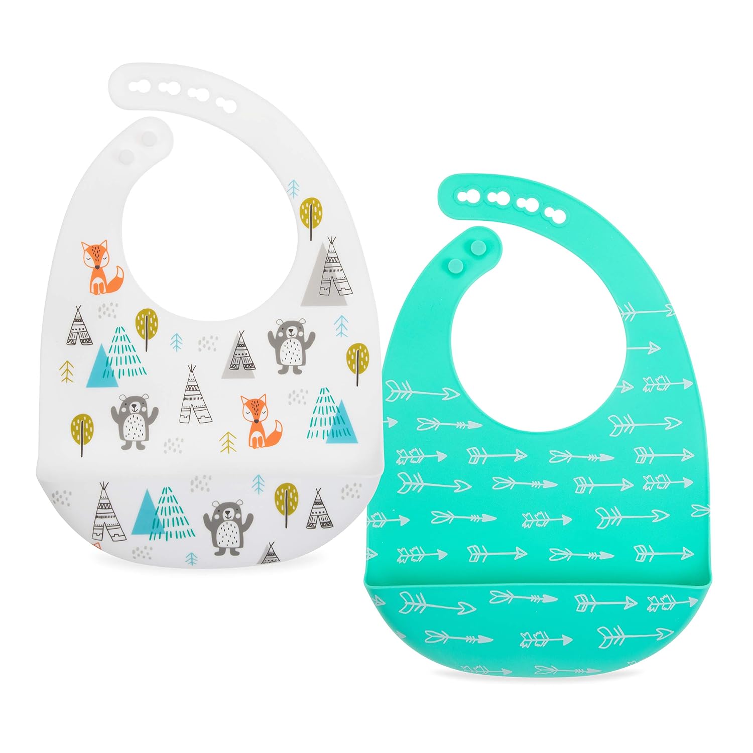 Nuby 2 Pack Adjustable Easy Clean Soft Silicone Bibs with Scoop, Pink Dinosaurs & Flowers