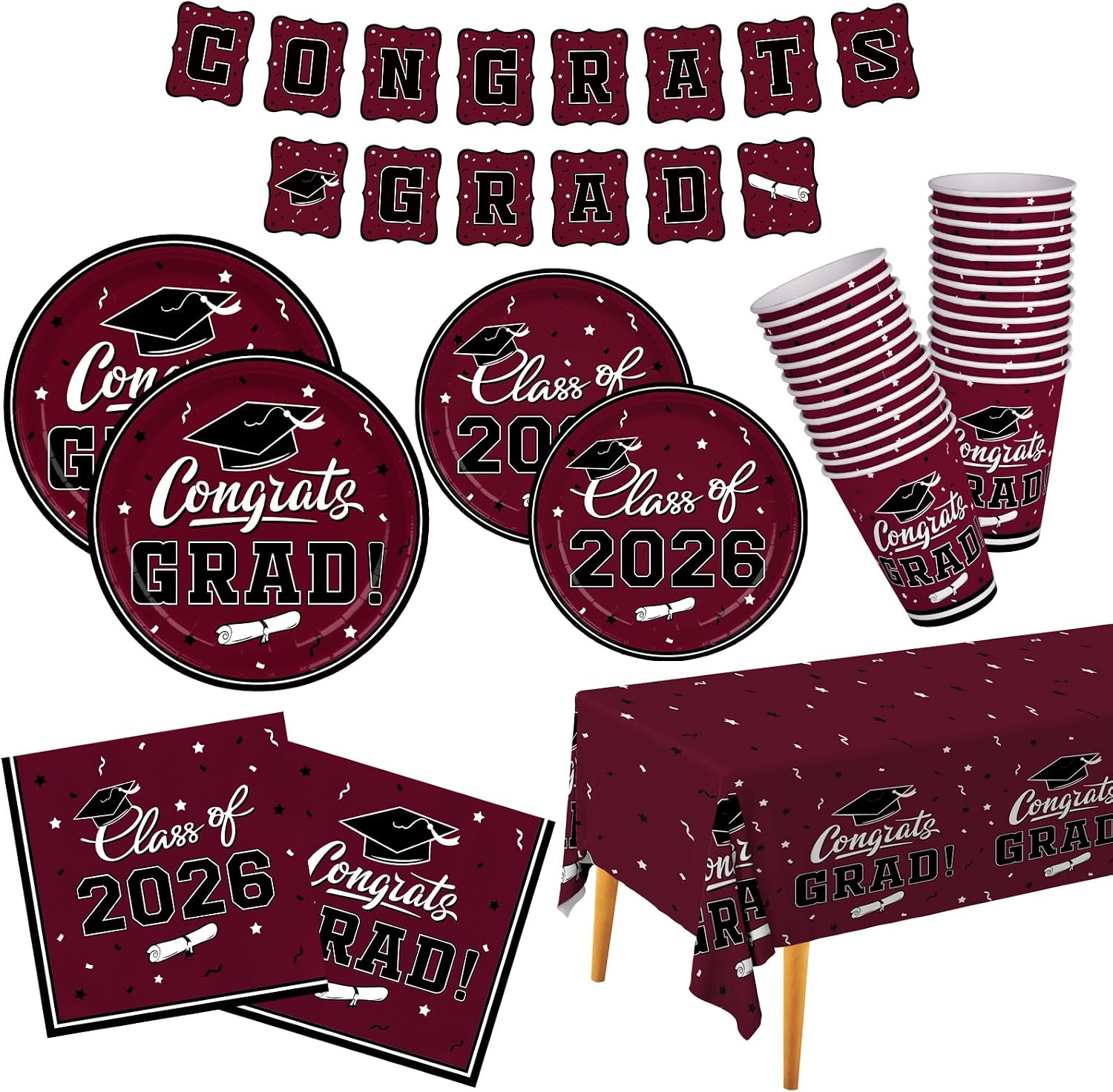 Graduation decorations 2026 Maroon Congrats Grad Party Dinnerware Set Disposable Paper Plates Napkins Cups Tablecloth Banner for Congrats Graduation Decorations 2026 deals, Serve 25