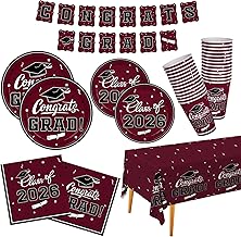 Graduation decorations 2026 Maroon Congrats Grad Party Dinnerware Set Disposable Paper Plates Napkins Cups Tablecloth Banner for Congrats Graduation Decorations 2026 deals, Serve 25