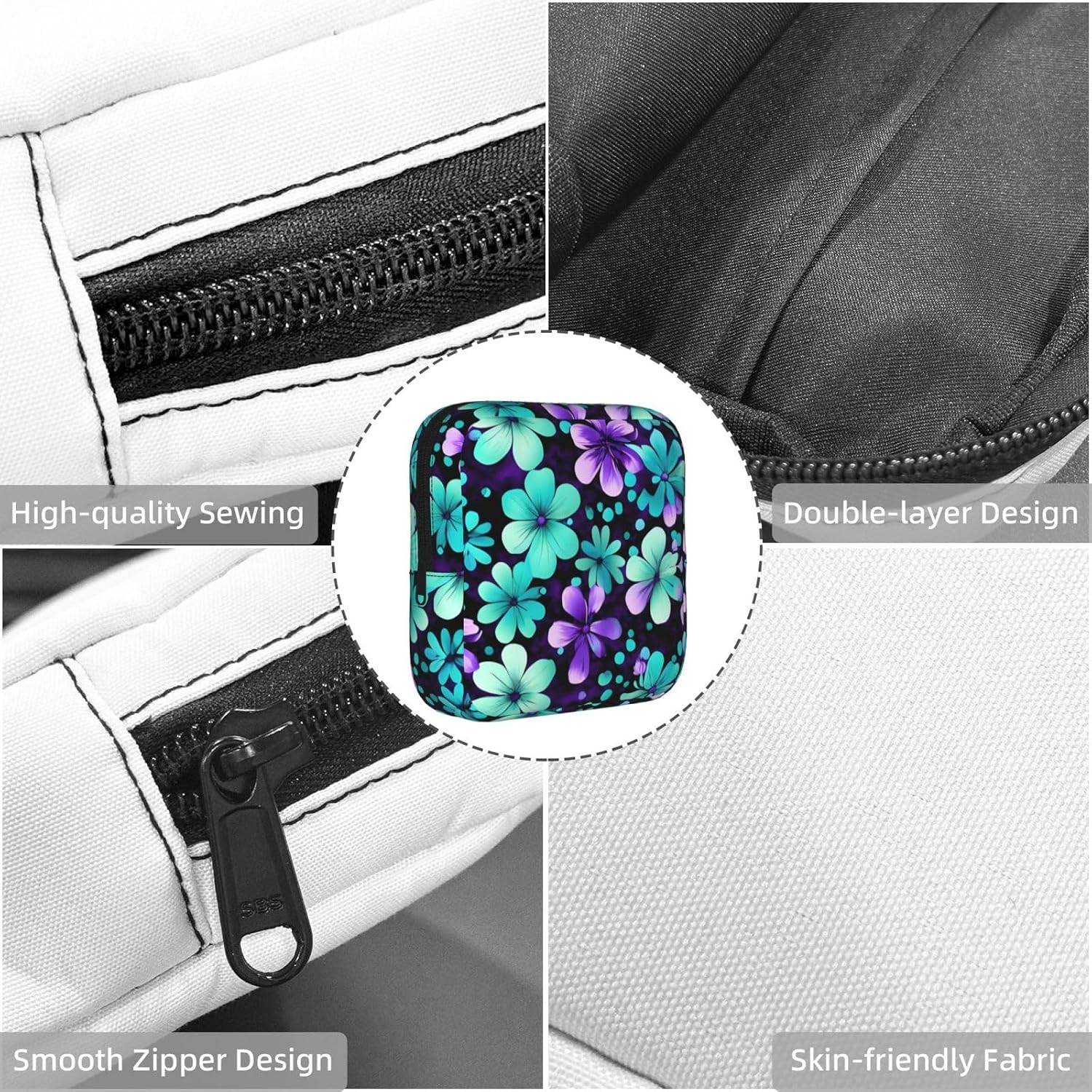 Purple and Teal Flowers Print Multifunctional Storage Bag Pad Bag Skin-Friendly Period Pouch Reusable Tampon Bag for Female