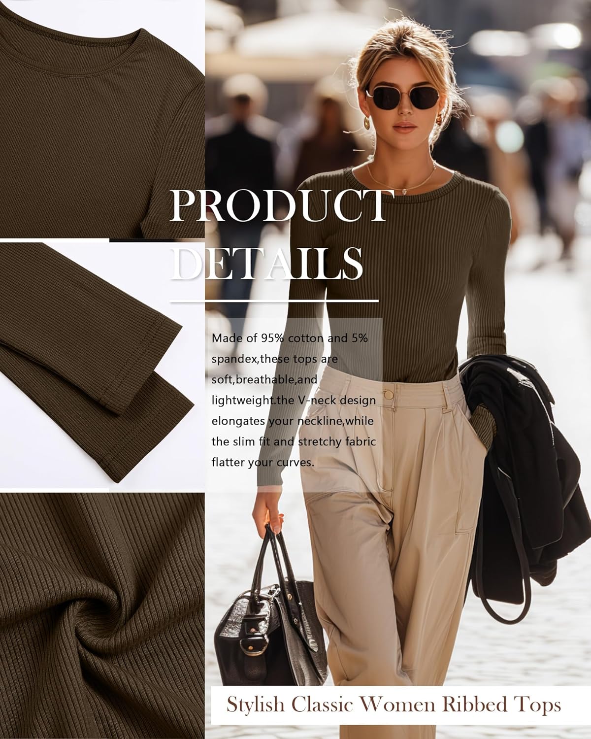 Neer 4 Pack Women's Ribbed Long Sleeve Shirts, Cotton Crew Neck Slim Fit Tops Stretch Knit Casual Base Layer Basic Tee Shirts - Image 5