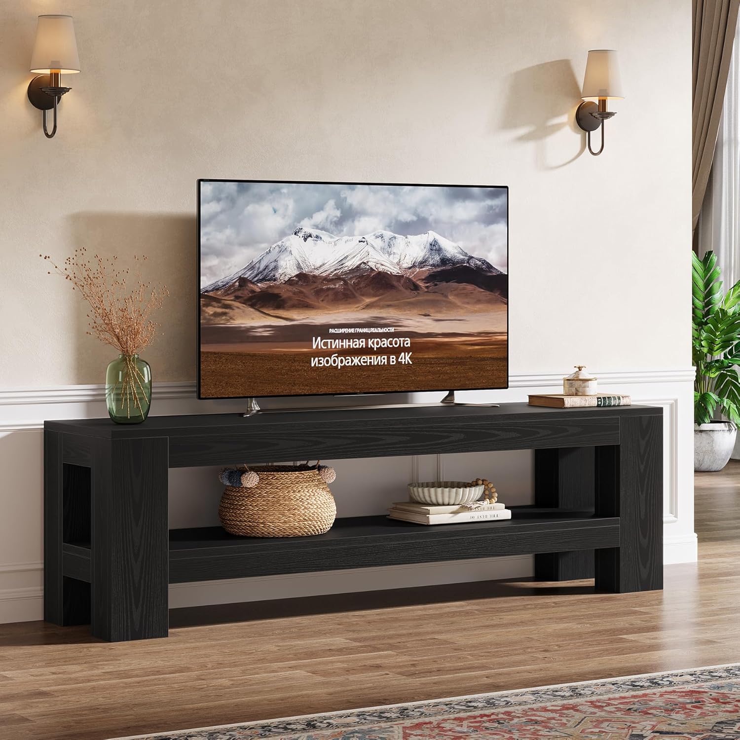 Tribesigns 59" TV Stand for 55/60/65/75-Inch TVs, Rustic Media TV Console with Storage Shelve, Entertainment Center Television Stand for Living Room, Bedroom (Black)
