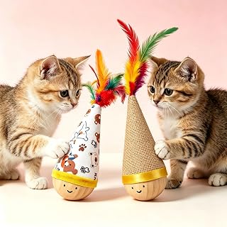 猫 玩具 天然山毛榉 不倒翁 玩具 自动起床 带羽毛 耐咬 无涂装 一人游 留守 消除运动不足 2个,麻布羽毛/彩色羽毛