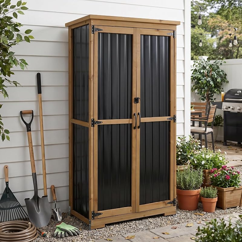 Outdoor Storage Cabinet with Shelf, Wood & Metal Storage Shed with Waterproof Roof & Lockable Doors,Tall Outdoor Cabinets for Patio Backyard, Gardening Tools and Accessories, Brown
