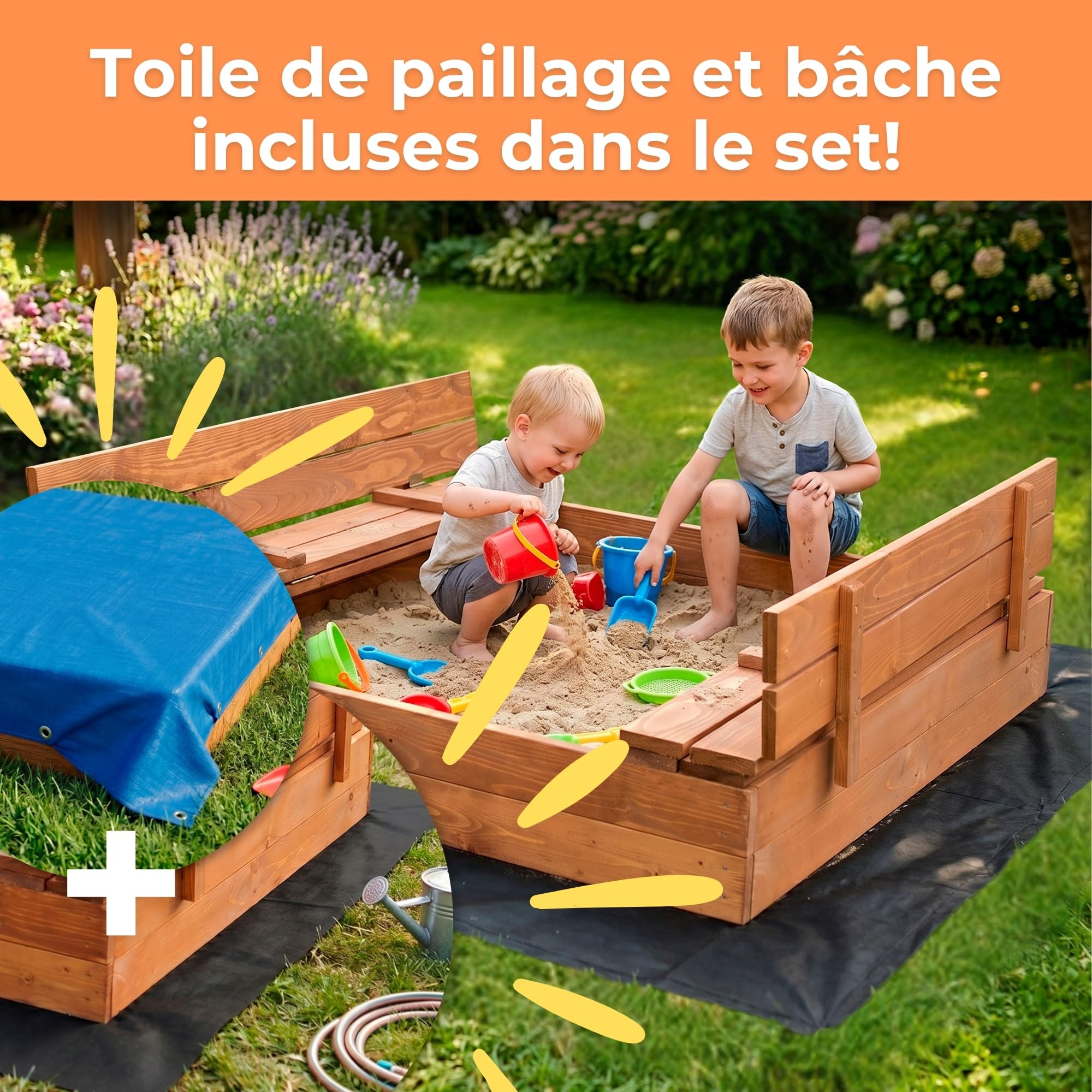 SPRINGOS Bac à Sable Bois 120x120 cm – Couvercle, Bancs, Géotextile, Bâche – Planches 18-20 mm, Bords Arrondis, Traitement Écologique – Fabriqué en Pologne
