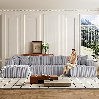 Minimalist Oversized Modular Sofa Couch, Deep Seat Sectional Sofa with Two Chaise, Comfy Corduroy Shape Cloud Couch for Living Room Apartment - Light Gray