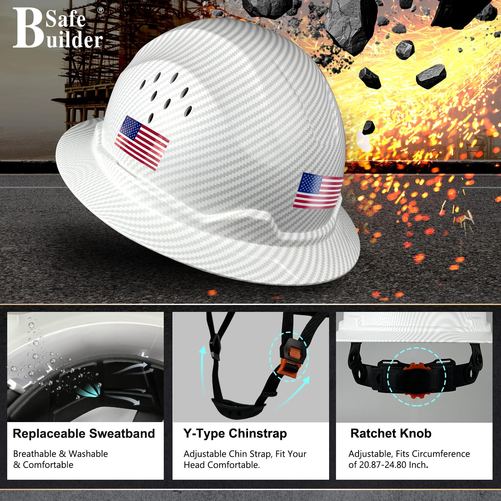 SAFEBUILDER SBD-G1C - Casco de seguridad de ala completa, HDPE, ventilado, patrón de fibra de carbono, trabajo industrial, certificado ANSI/ISEA Z89.1