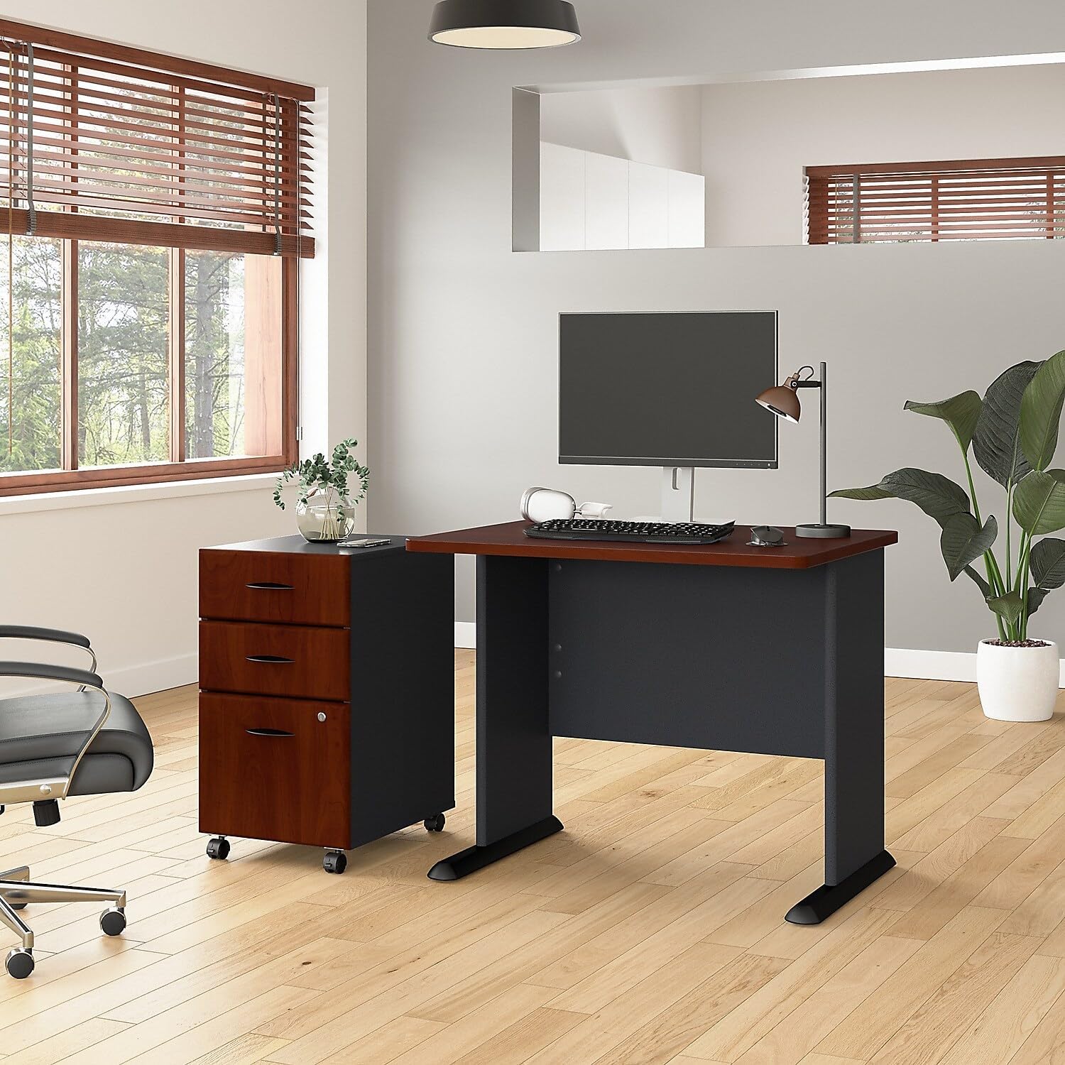 Bush Business Furniture Series A 36W Desk with Mobile File Cabinet in Hansen Cherry and Galaxy