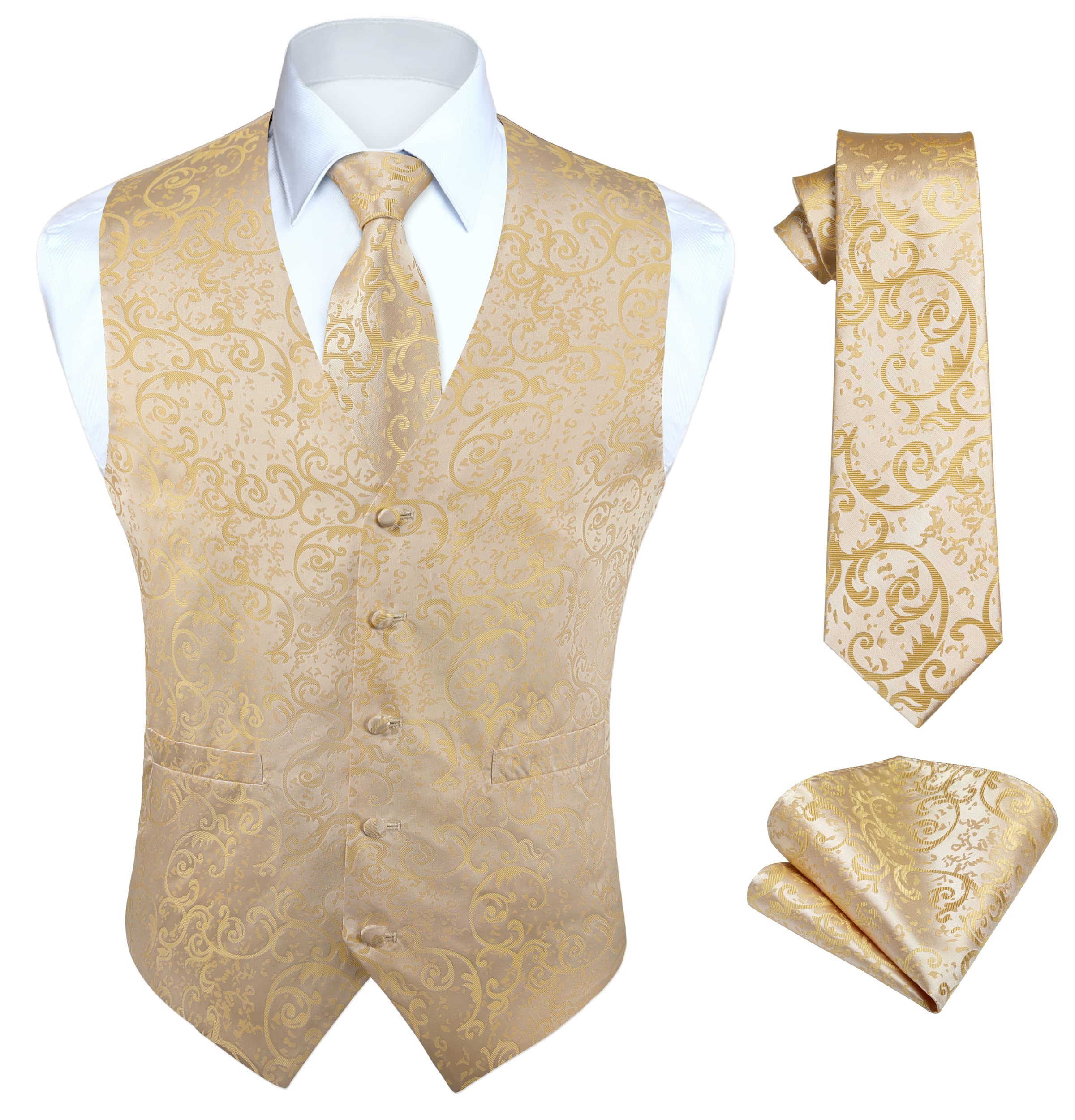 HISDERN Vest and Tie Sets for Men Vests Paisley Floral Jacquard Necktie Pocket Square 3PCS Waistcoat for Suit or Tuxedo