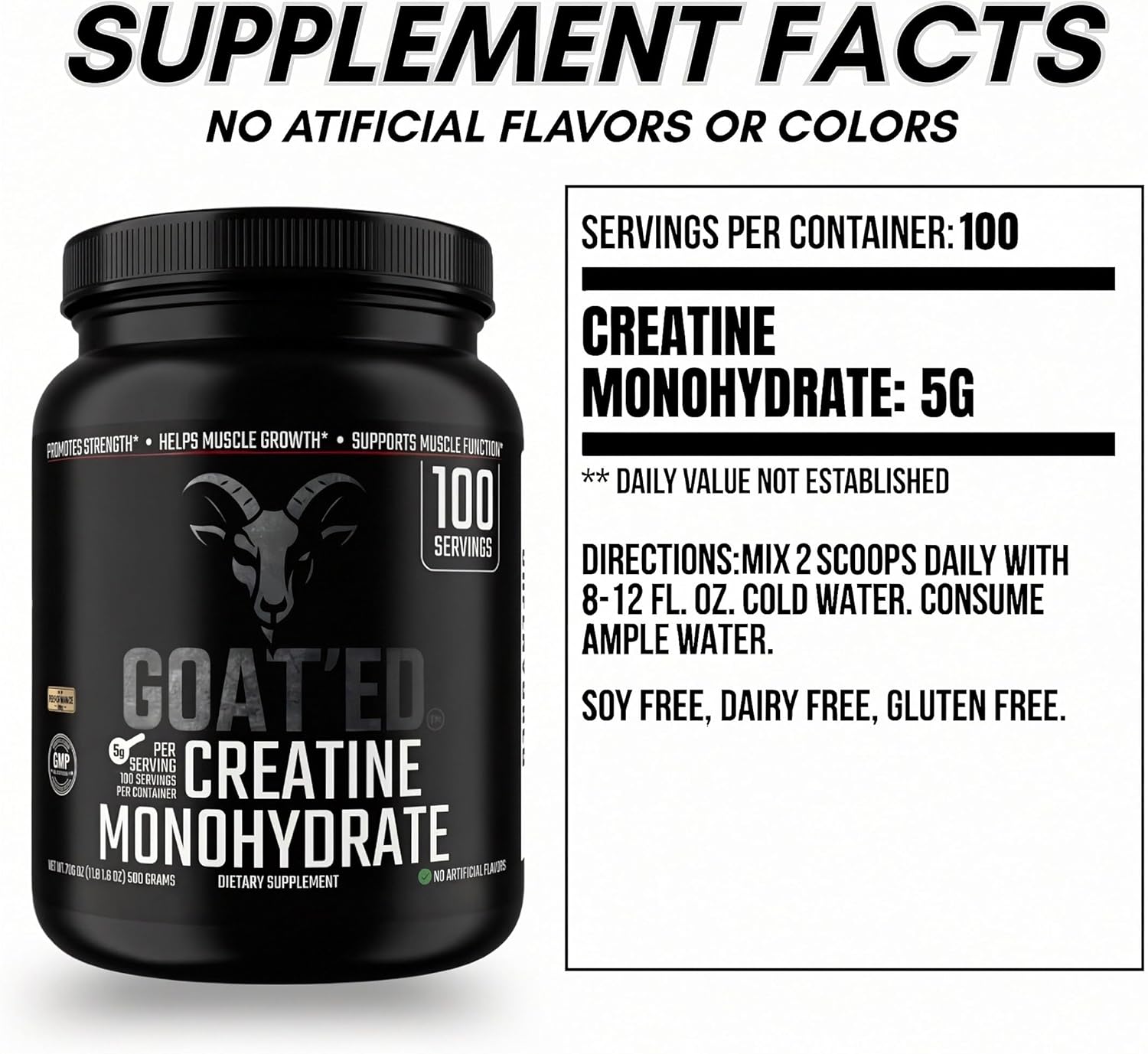 GOAT'ED Creatine Monohydrate Powder | 100% Pure Micronized Creatine for Muscle Growth, Strength & Recovery | High-Absorption, Unflavored Creatine Supplement for Men & Women, 100 Servings
