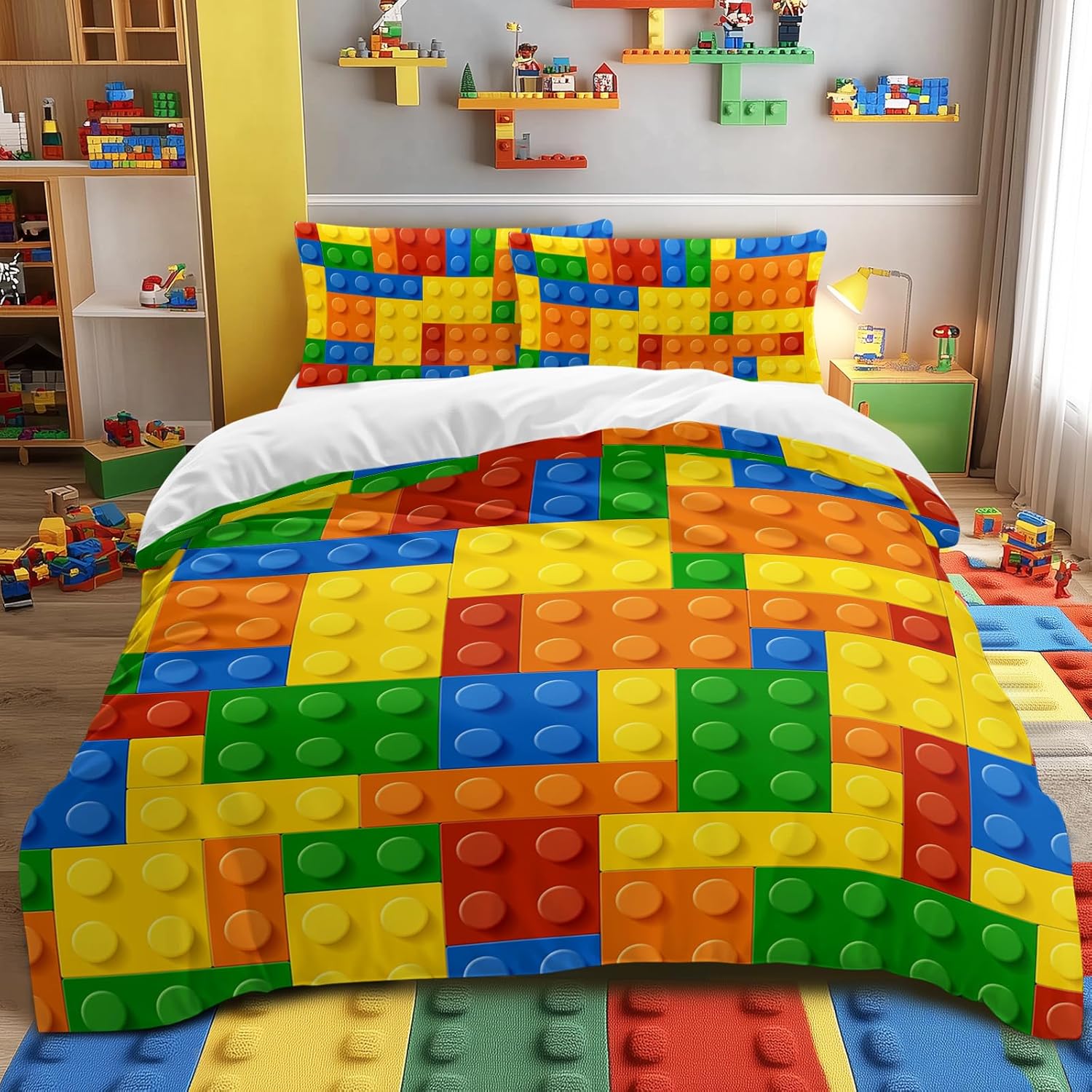 BlessLiving Full Building Blocks Duvet Cover - Soft Colorful Geometric Brick Bedding Set for Boys Girls Teens, Includes 2 Pillowcases (Yellow/Orange/Green)