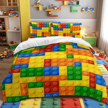 BlessLiving Building Blocks Duvet Cover Full- Soft Colorful Geometric Brick Educational Toy Bedding for Boys Girls Teens, Kids Room Decor Quilt Cover Includes 2 Pillowcases Yellow/Orange/Green