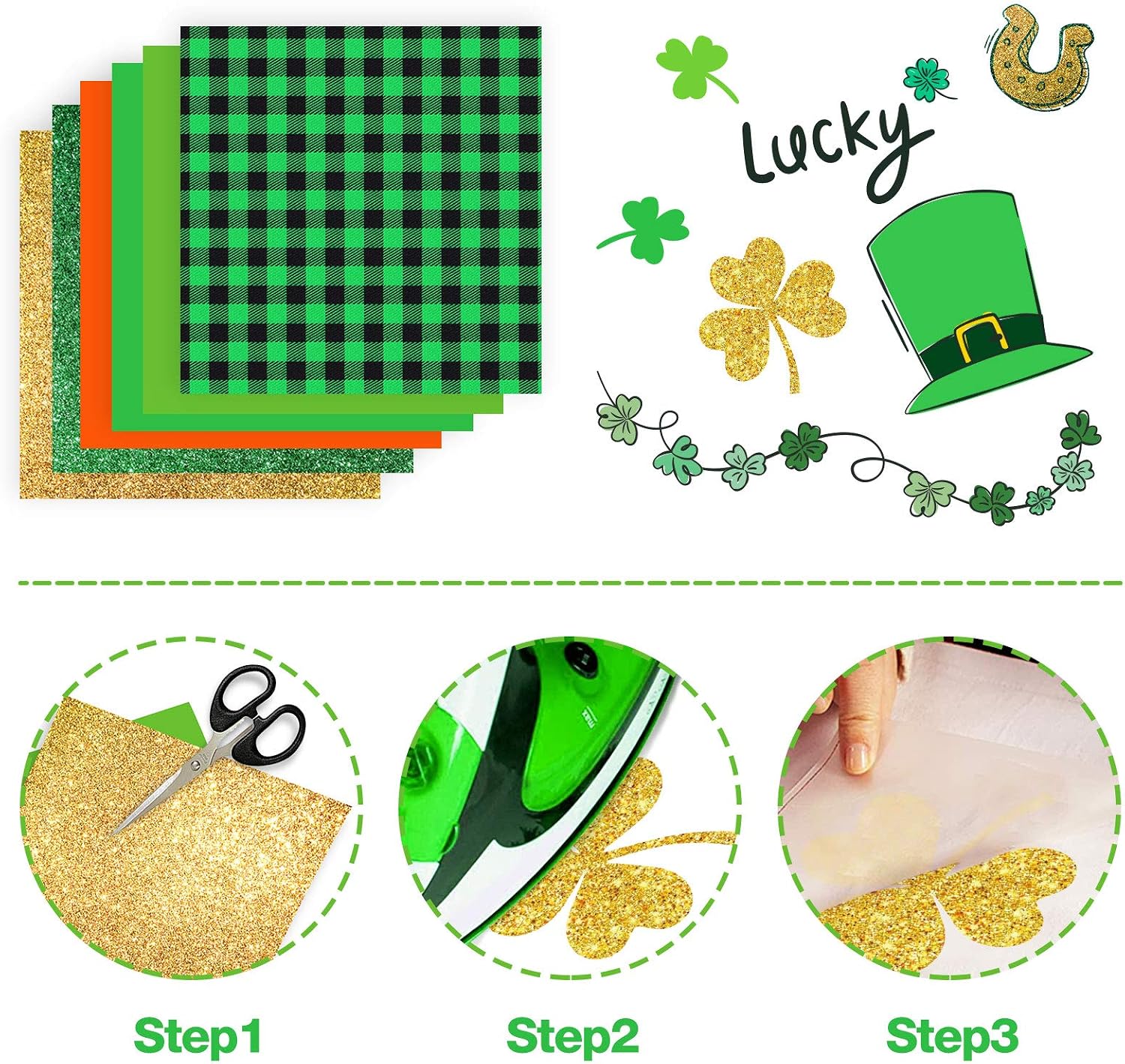 Heflashor St.Patrick's Day Heat Transfer Vinyl, 12 Sheets Green Glitter Iron On Vinyl Buffalo HTV Bundle Leopard Heat Press Vinyl for T-Shirts Hats Bags Clothes,12 x 10 Inch