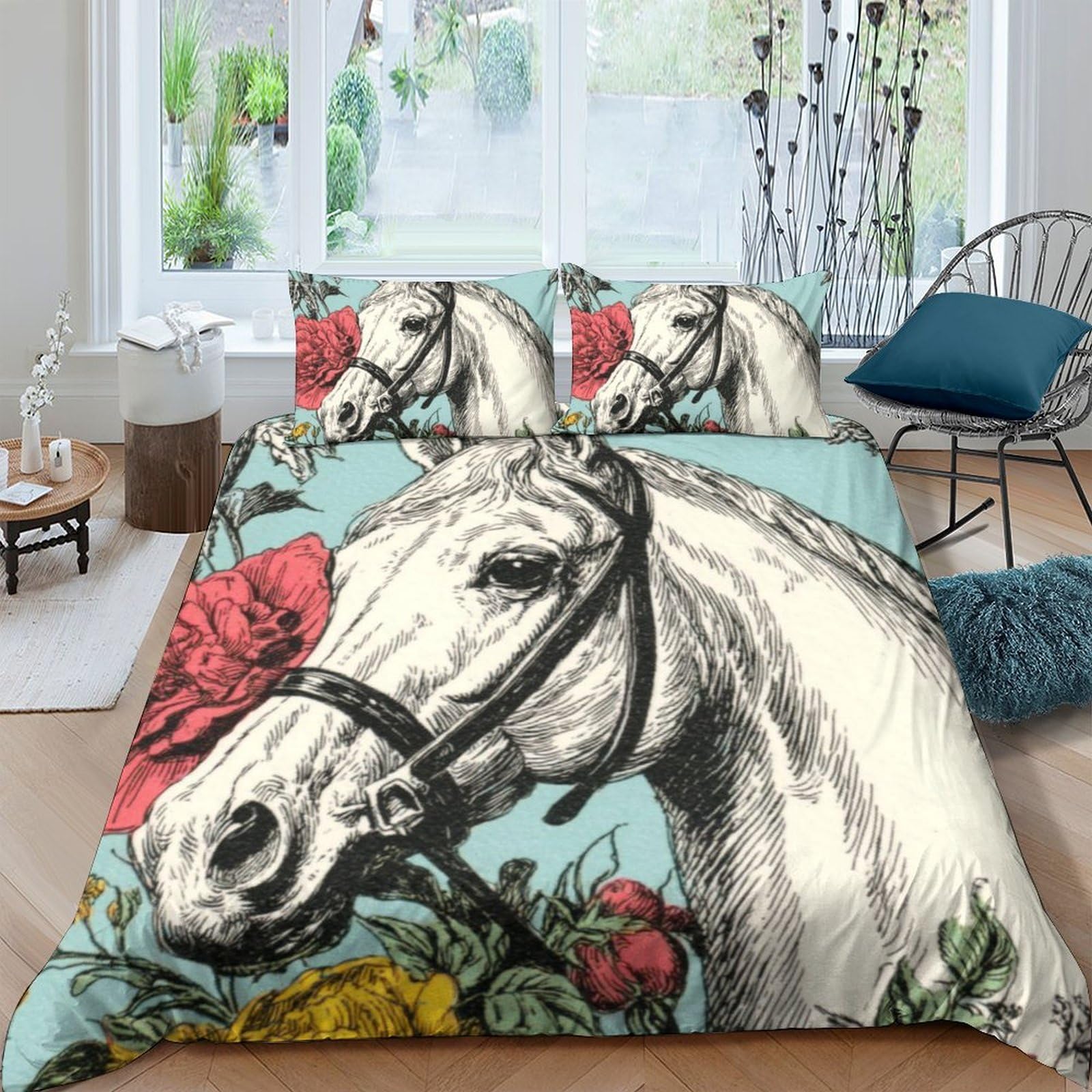 Ctjqhvkz Style-9 3D Printed White Horse Floral Fitted Sheet Microfiber Soft Bed Cover For Bedroom Guest Room Dorm Mattress Decor Single（135X200cm）