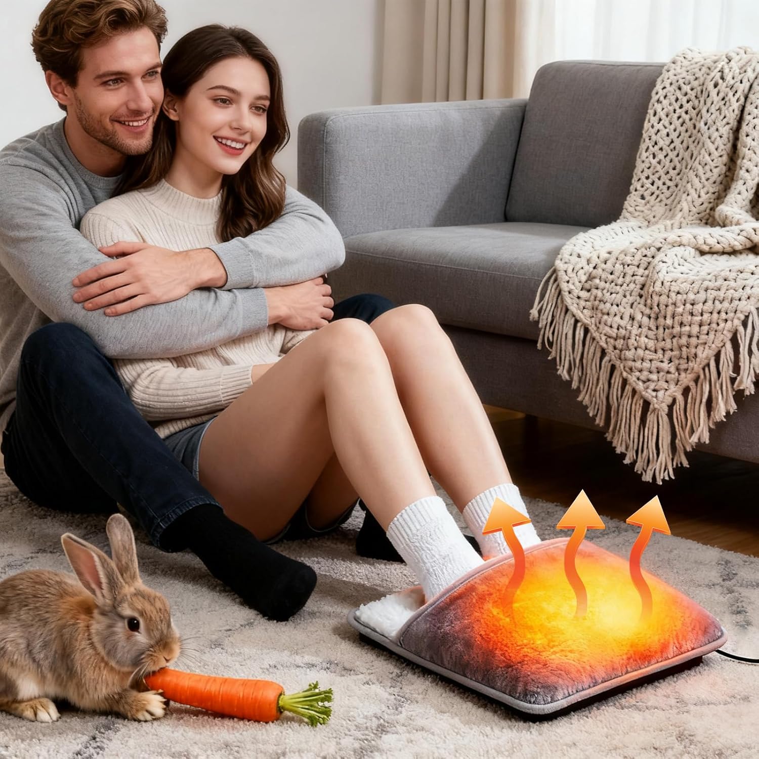 Electric Foot Warmer use case showing a person using it at a desk