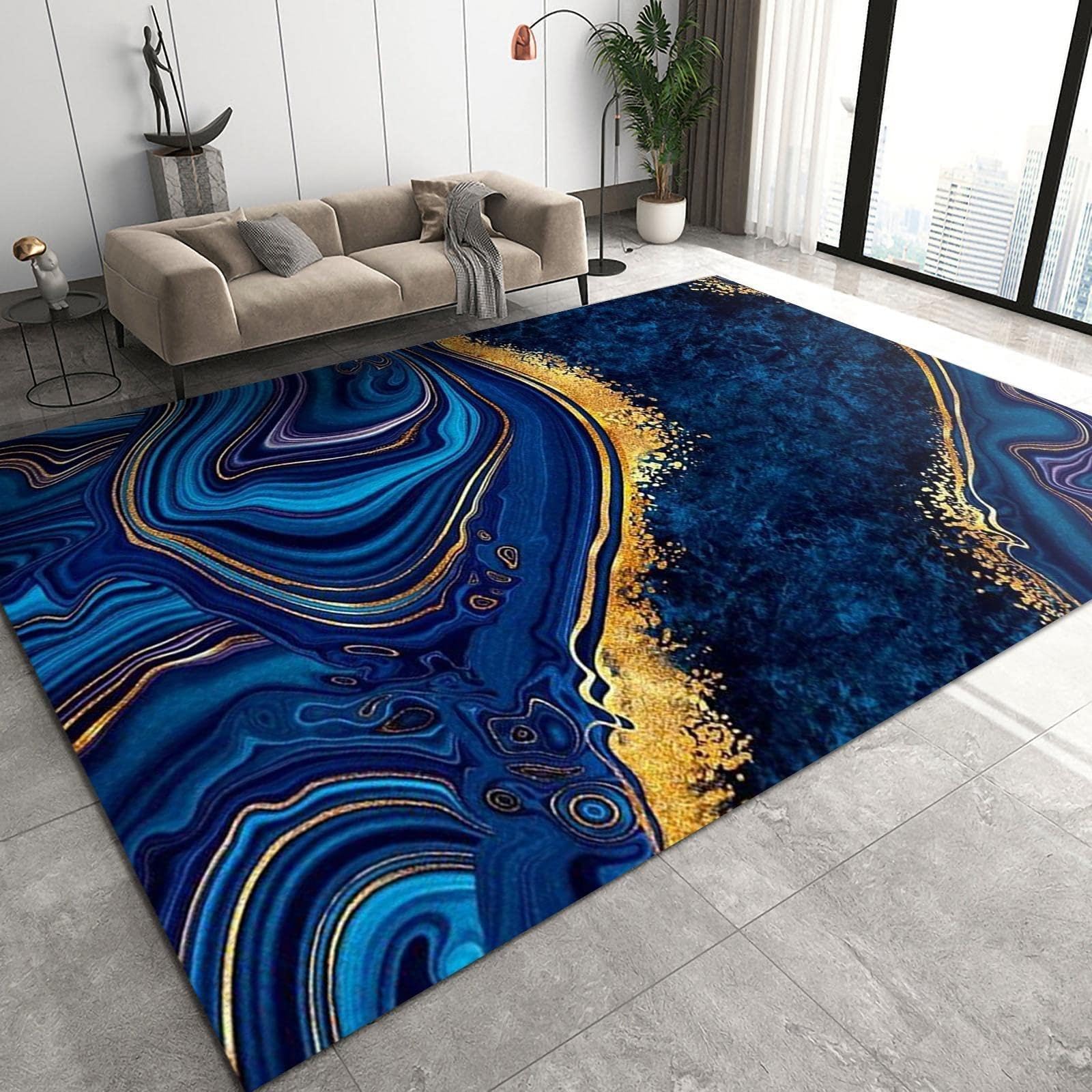 Classic Royal Blue Marble Area Rugs, Luxury Gold Splashed Ink Indoor Non-Slip Kids Rugs, Machine Washable Breathable Durable Carpet for Front Entrance