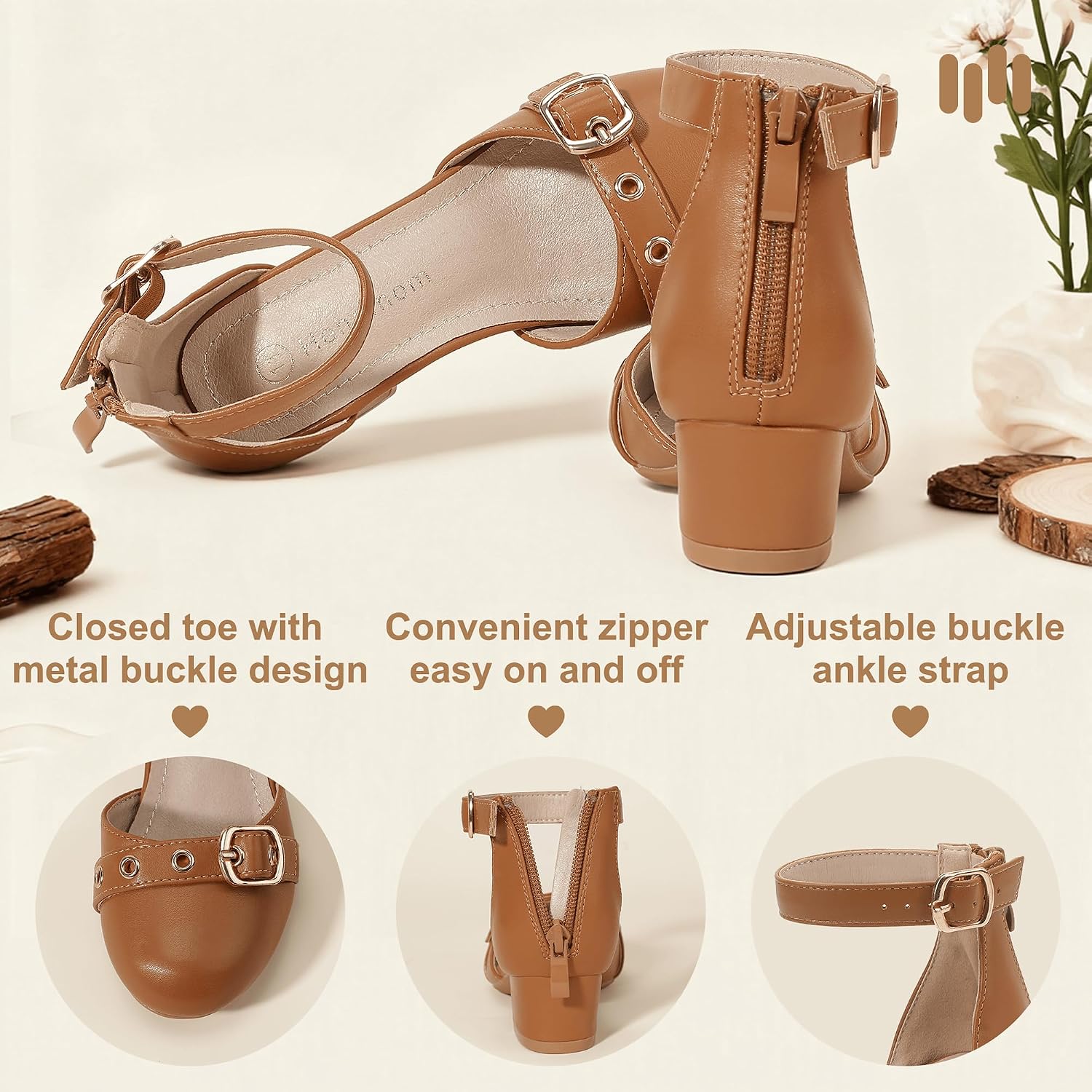 Hehainom Girls Heels Dress Shoes Closed Toe Heels Ankle Strap Little Big Kids Flower Girl Wedding Party School Pump Shoes