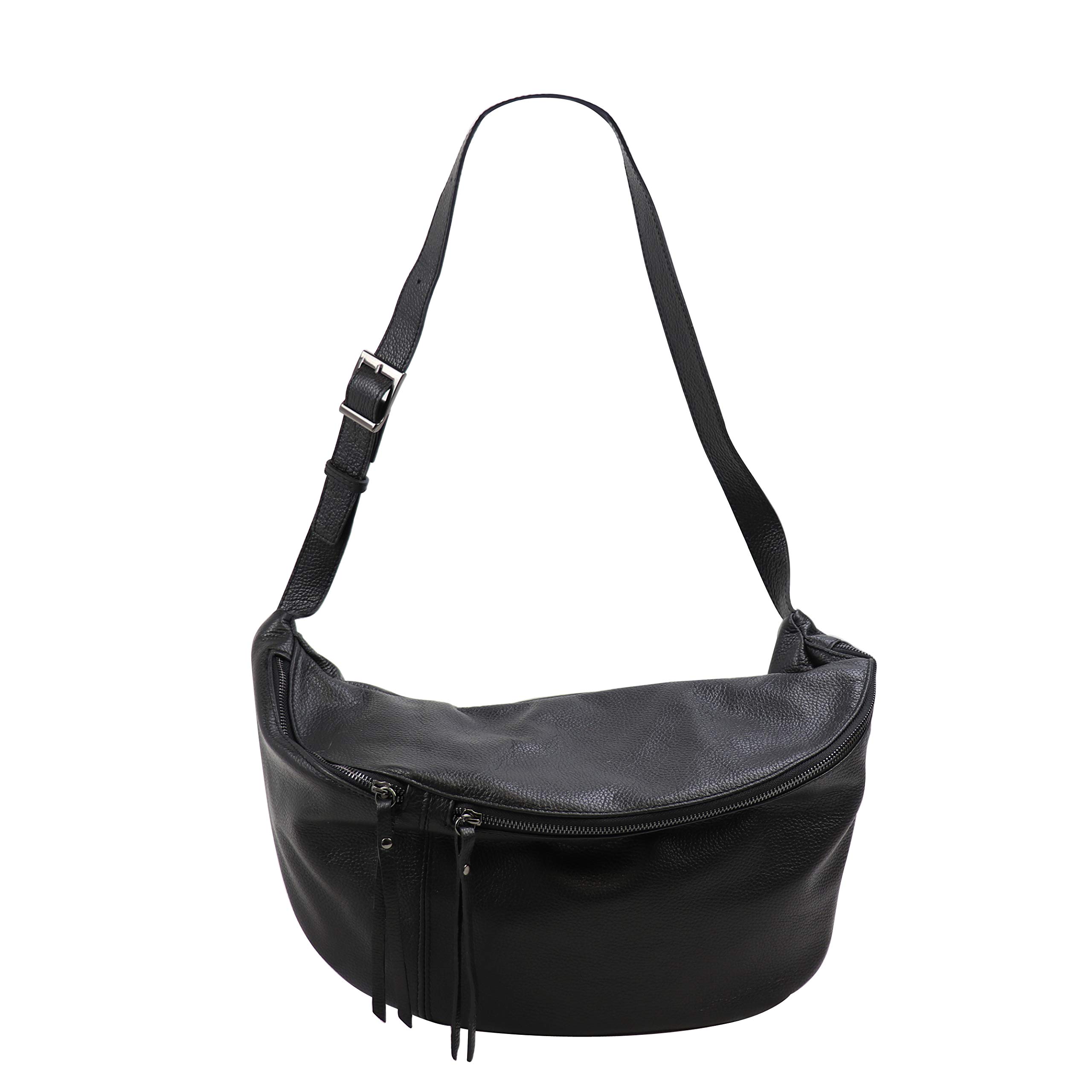 SH Leder echt Leder Damen Unisex Brusttasche für Festival Reise XXL Gross Hüfttasche Crossbody Bag Frauen Ledertasche 49x28cm Daniela G768 (Schwarz)