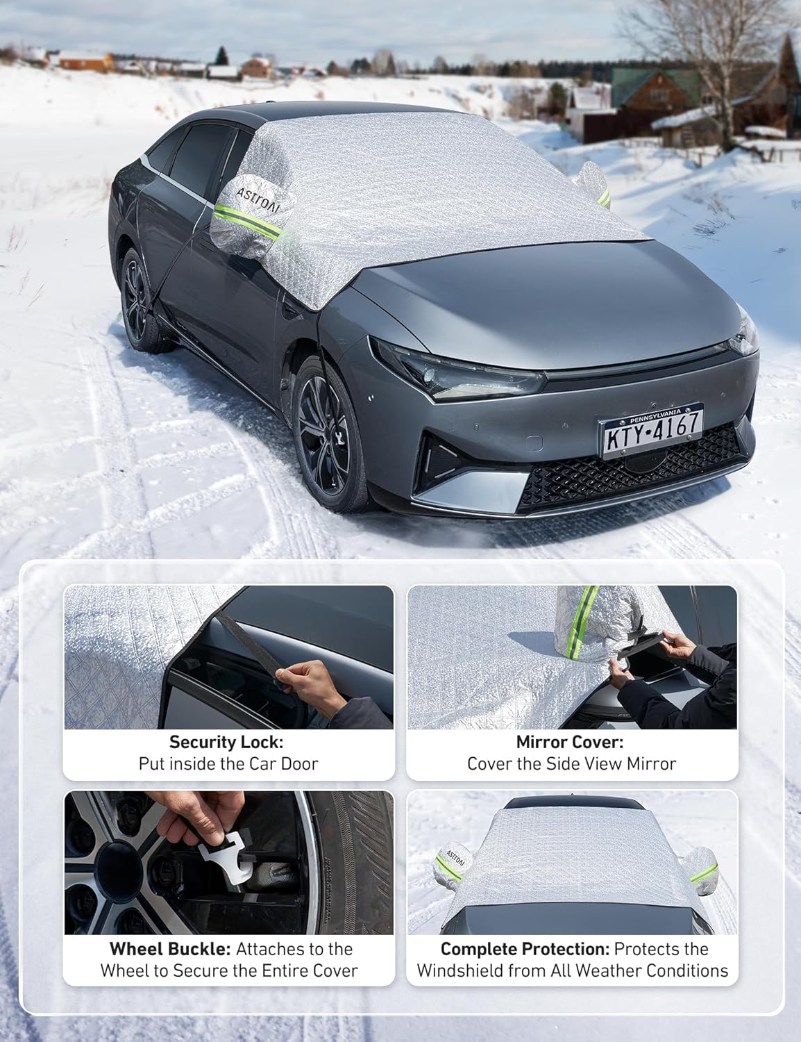 AstroAI 4-Layer Windshield Snow Cover for Ice, UV, Frost - Wiper & Mirror Protector, Windproof Sunshade for Cars, Compact SUVs