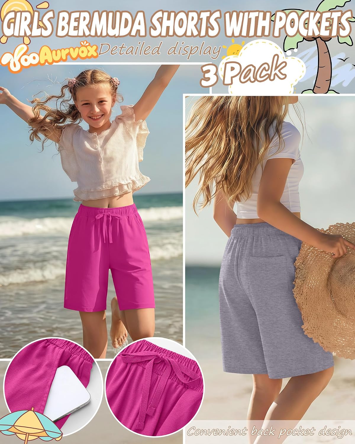 3 Pack Girls Bermuda Shorts Knee Length Straight Leg Drawstring Elastic Kids Lightweight Soft Pants with Pockets