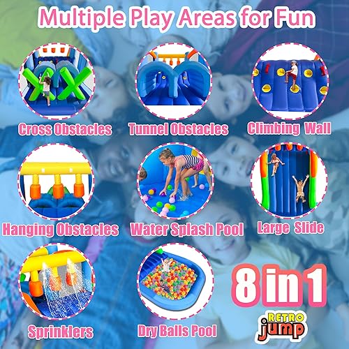 Miniatura 3 de RETRO JUMP Casa inflable de rebote 6 en 1 para saltar y deslizar para niños al aire libre, casa de rebote para niños con soplador, estacas y kit de