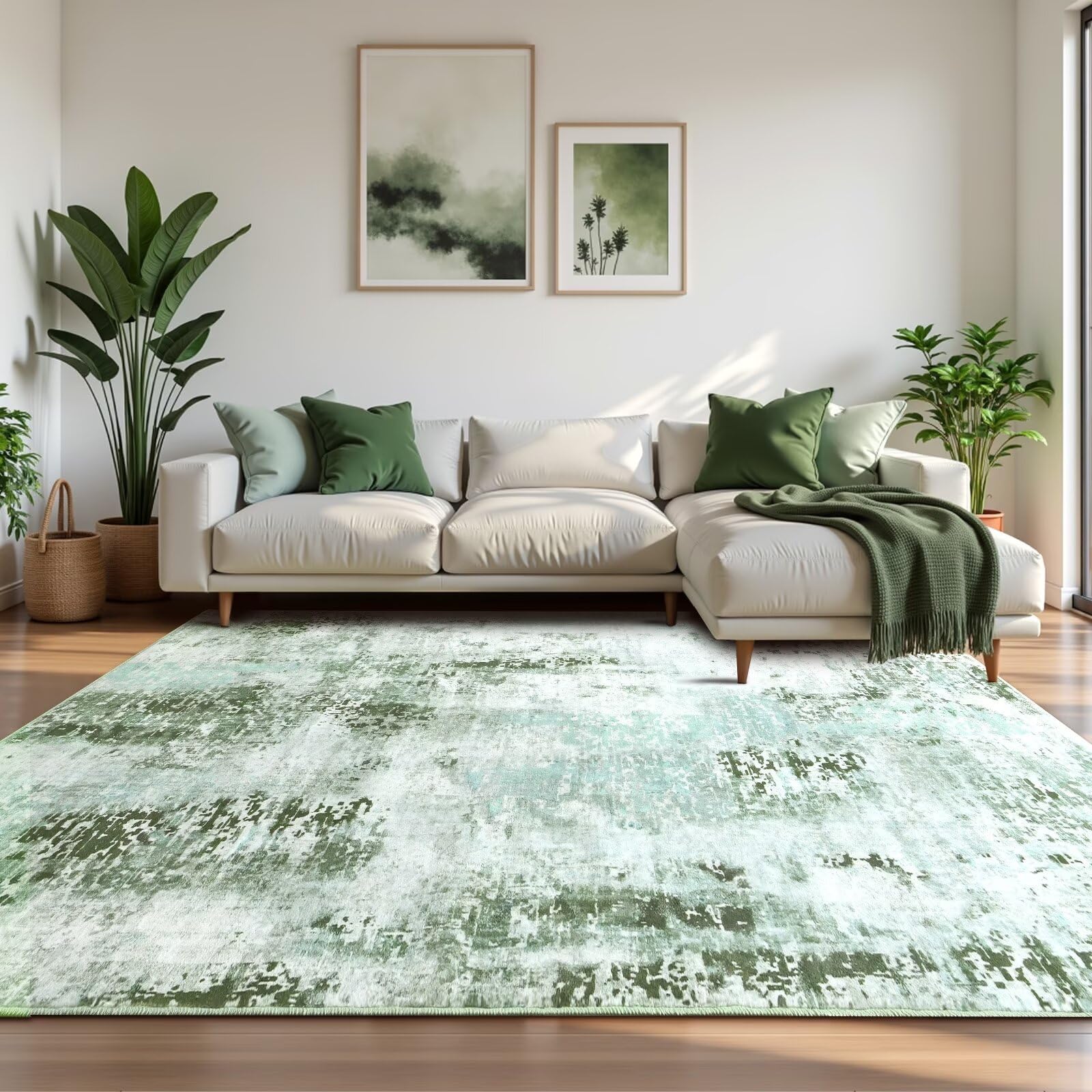 Macgace Moderner abstrakter Teppich für Wohnzimmer, 120 x 150 cm, maschinenwaschbar, mit rutschfester Unterseite für Schlafzimmer, weicher Bodenbelag, moderner Teppich für Esszimmer, Heimbüro, Grün