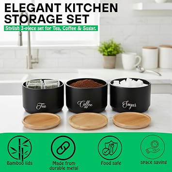 ADEPTNA 3PCS Stackable Tea Coffee Sugar Canister Set with Bamboo Lids – Decorative Kitchen Storage Jars – Airtight Metal Food Containers – Powder Coated, Durable, Modern Kitchen Organiser Set