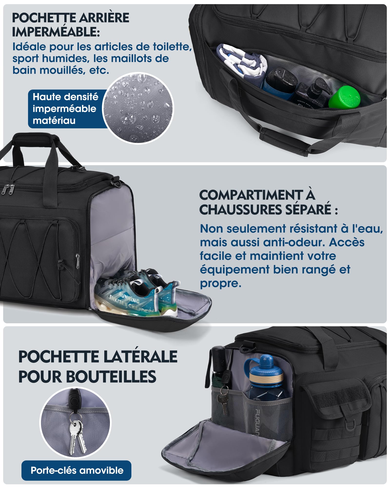 RAINSMORE Sac de Sport Homme Femme 45L, Sac de Voyage 3 en 1 Bagage avec Compartiment Chaussures et Séparation Humide, Sac Fitness Gym Imperméable pour Yoga Weekend Noir