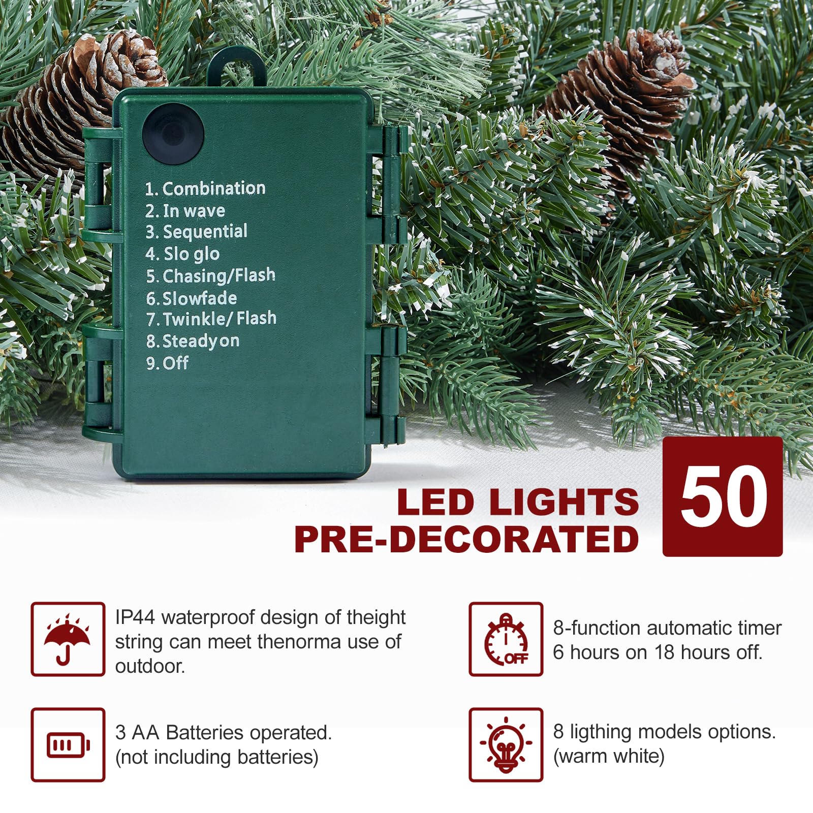 Prelit Weihnachtsgirlande, Dekoration, 50 LEDs, Schnee-Weihnachtsgirlande mit Lichtern, batteriebetrieben mit Timer für den Innen- und Außenbereich, Heimdekoration, Kaminsims, Treppen, Geländer,