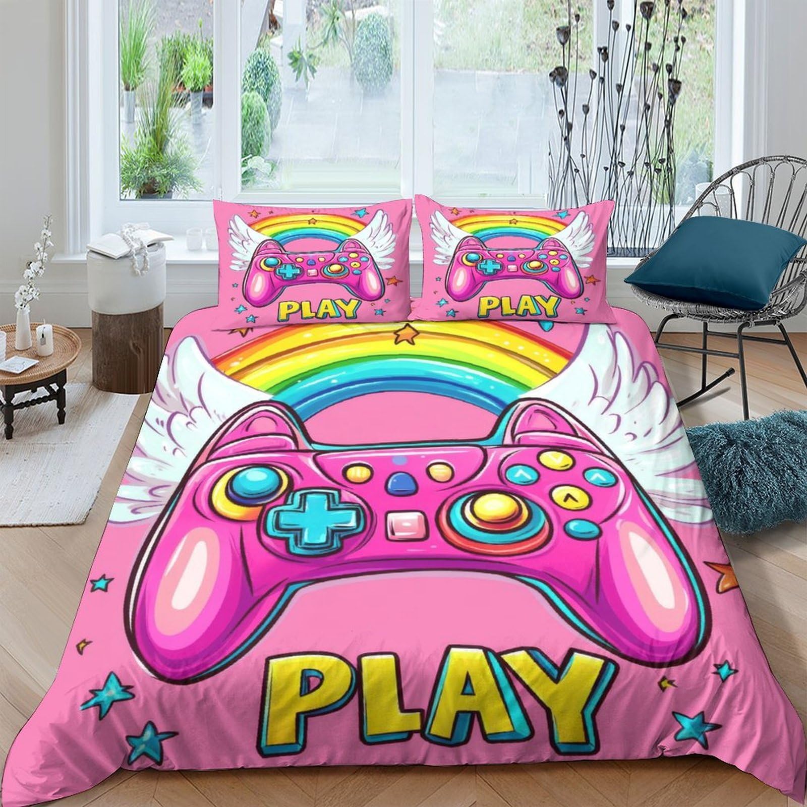 Ctjqhvkz Style-5 3D Printed Gaming Controller Rainbow Fitted Sheet Microfiber Soft Pink Bed Sheet For Bedroom Dorm Decoration Single（135X200cm）