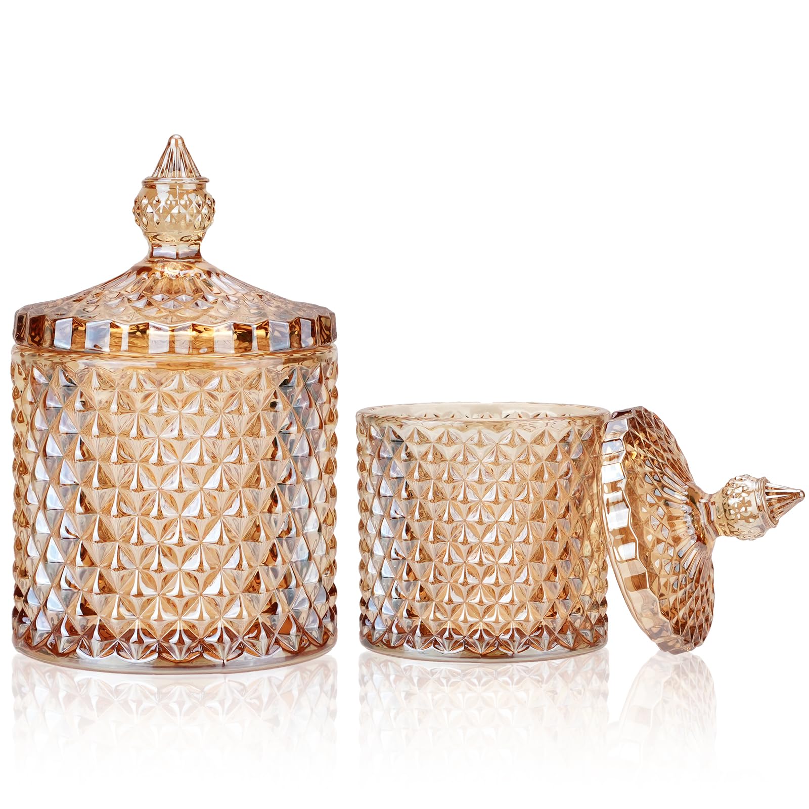 BOJVESH 2Pcs Crystal Diamond Faceted Jar with Lid, Glass Sugar Bowl, Decorative Candy Jars Diamond Candy Dish, Crystal Cookie Tin Biscuit Barrel, Buffet Container, Qtip Holder for Home (amber color)