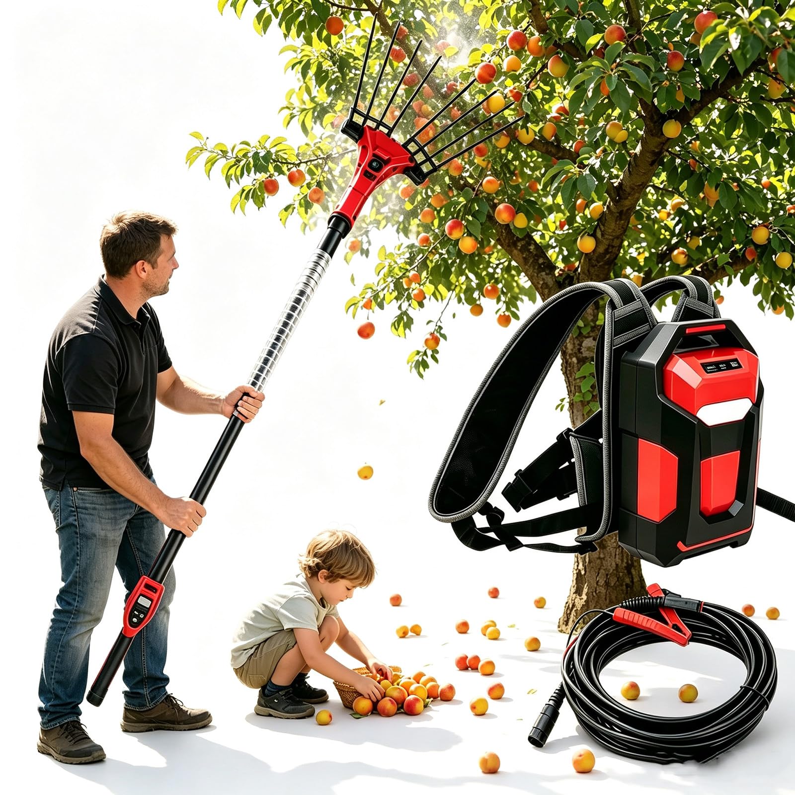 Miscelatore Elettrico per Olive, Raccoglitore Elettrico Senza Fili con Asta Telescopica da 1,75 a 3 Metri, 60 Db, 6.500 Giri/Min, 6 velocità, Raccoglitore Elettrico a Zaino per Frutta 250W