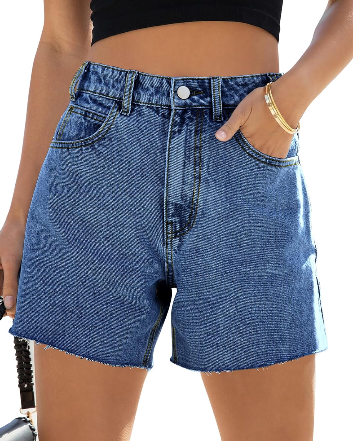 Cicy Bell Womens High Waisted Jean Shorts Summer Baggy Stretchy Straight Leg Raw Hem Mom Denim Shorts