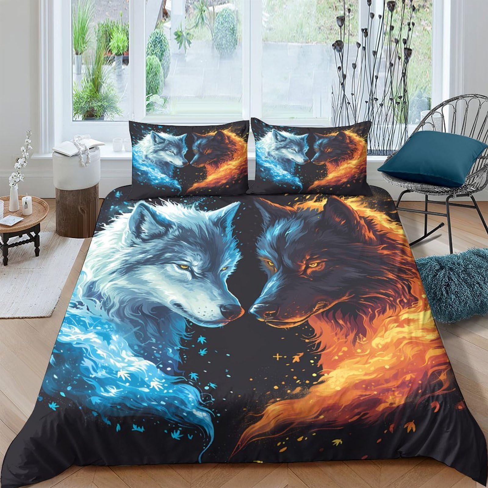 GPLZQXKJNH 3D Printed Wolf Fire and Ice Duvet Cover Set Microfiber Soft Breathable Quilt Cover with 2 Pillowcases for Bedroom Decor, Single（135x200cm）