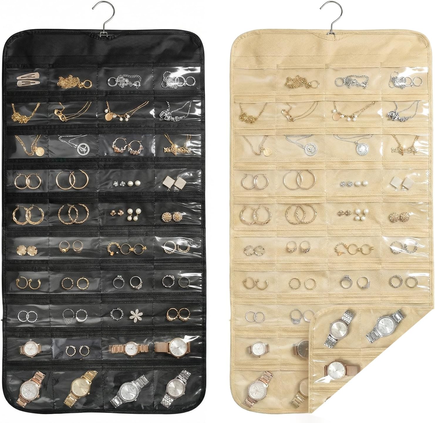 2PCS Hanging Jewelry Organizer with 160 Clear Pockets, 360° Swivel Hook for Double-Sided Jewelry Holder for Earrings, Necklaces, Rings on Closet, Wall, Door, (Black and beige)