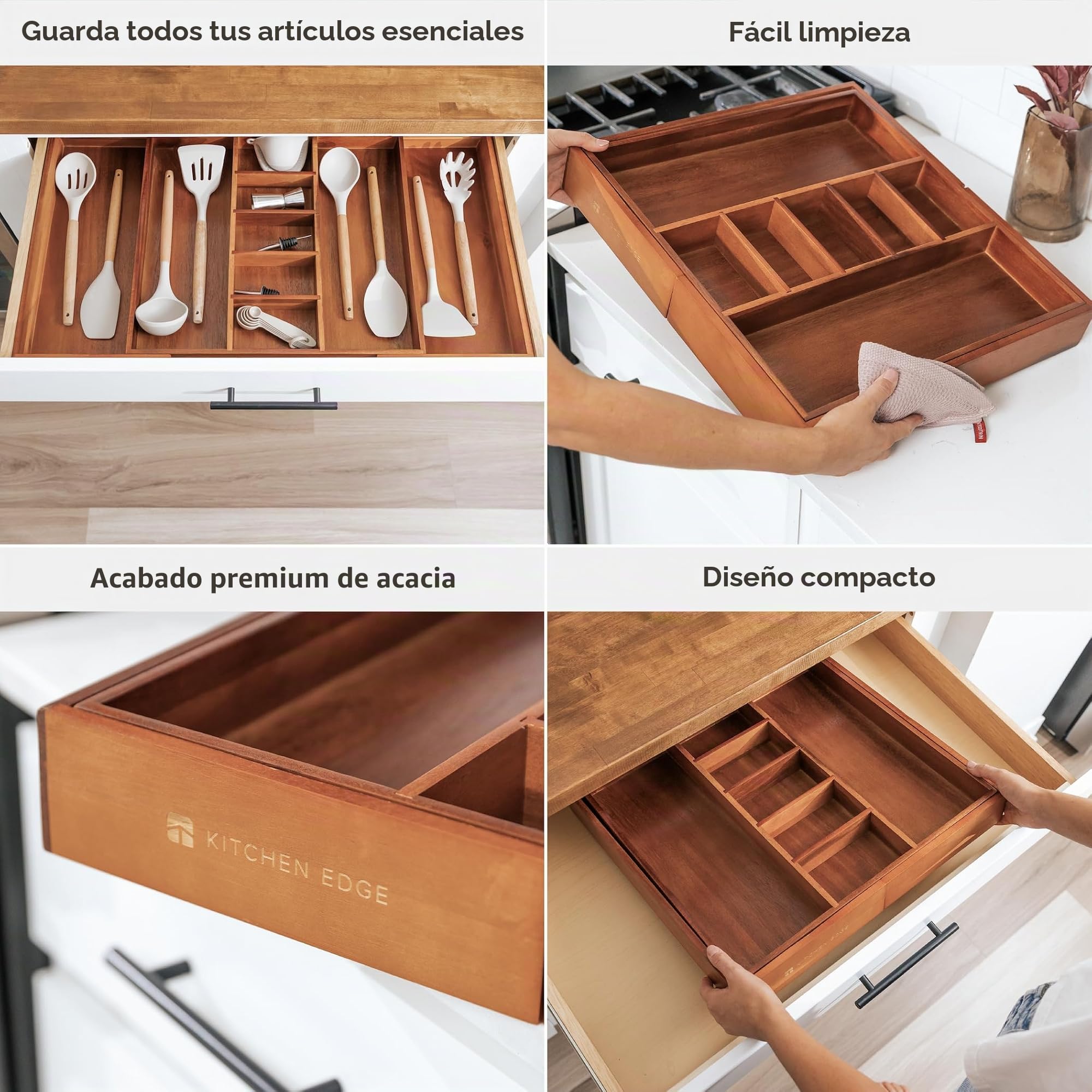 KitchenEdge Adjustable Kitchen Drawer Organiser for Utensils and Junk, Expandable to 33 Inches Wide, 9 Compartments, 100% Bamboo