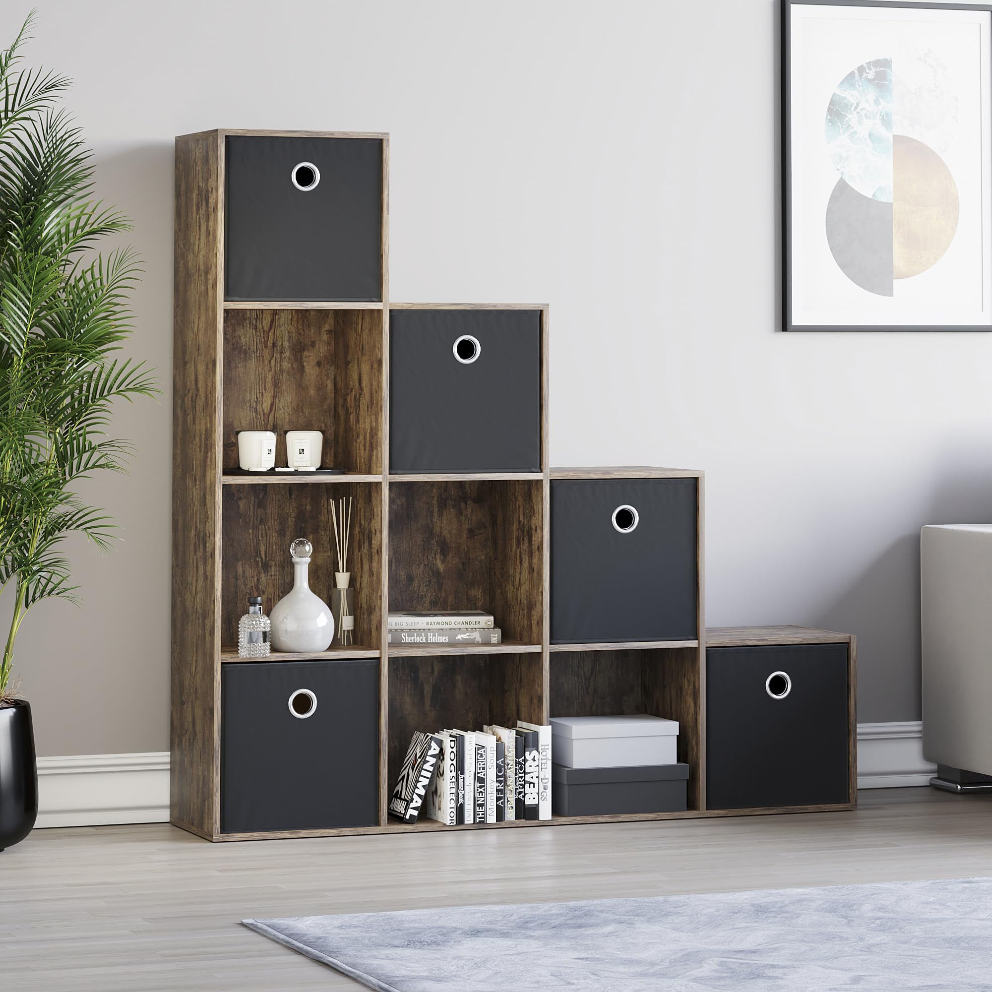 Vida Designs Durham Staircase Bookcase Shelves Storage Organiser Living Room Furniture (10 Cube & 5 Black Baskets, Dark Wood) — image 1