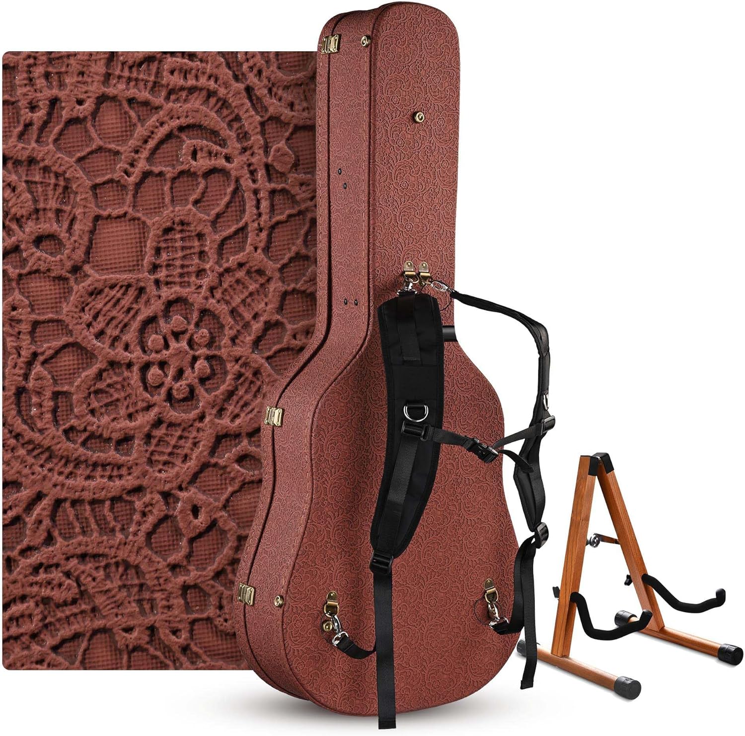 AW Acoustic Guitar Hard Case with Backpack Strap & Folding Stand Fits 40" 41" Classical Dreadnought Wooden Hard-shell Carrying Case for Travel, 2026 Exclusive Edition Rococo Burnt Sienna