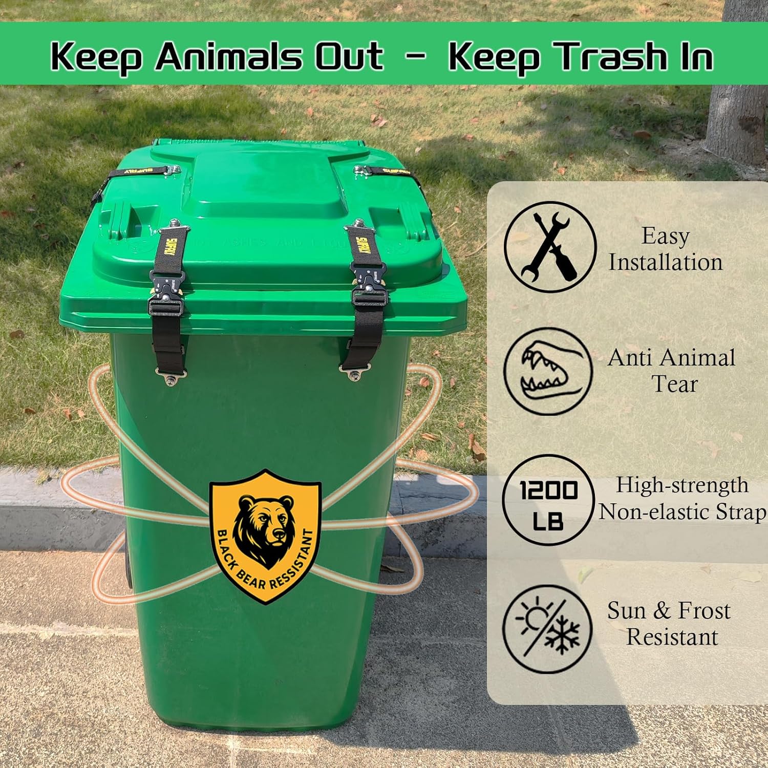 Bear Proof Trash Can Locks,Universal Animal-Proof Garbage Can Lid Straps Against Raccoons and Wildlife,Adjustable Heavy Duty Security Strap for 28-96 Gallon Outdoor Bins (4 PCS)