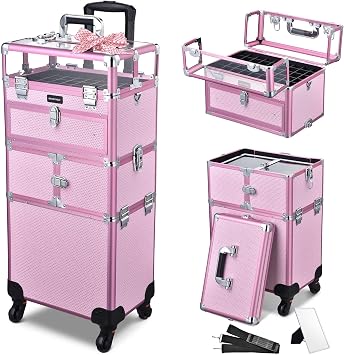 BYOOTIQUE 2in1 Rolling Nail Case Cosmetic Case on Wheel Nail Technician | 54 Slots,Rolling Makeup Case,Include Drawer Strap,Clear Lid, 4 Removable Trays,Nail Polish Organizer,Pink