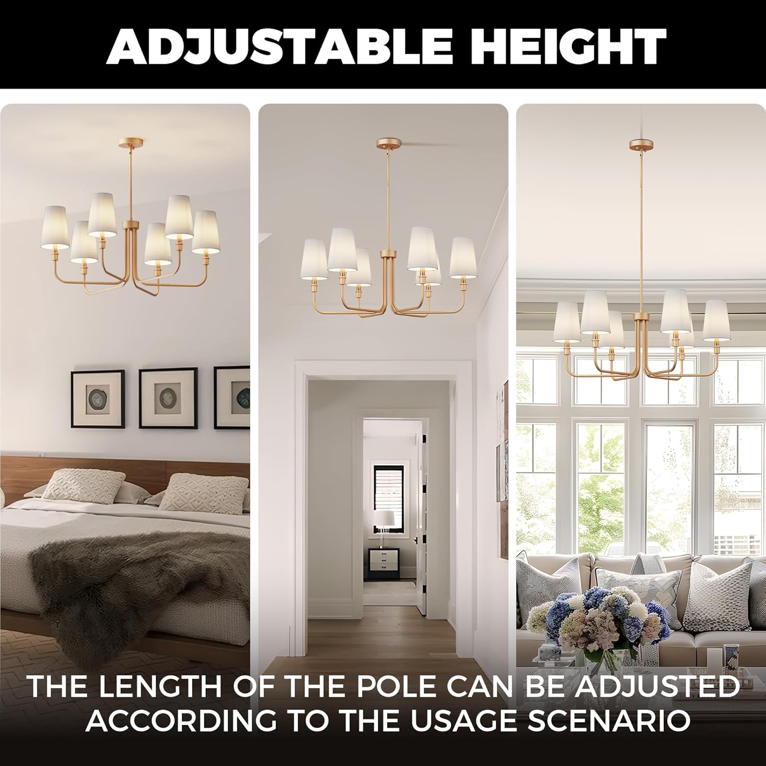 DORESshop 6-Light Chandelier for Dining Room Light Fixture Over Table, 33.86" Modern Muted Gold Chandelier with White Fabric Shade, Adjustable Hanging Light Fixture for Kitchen Dining Room