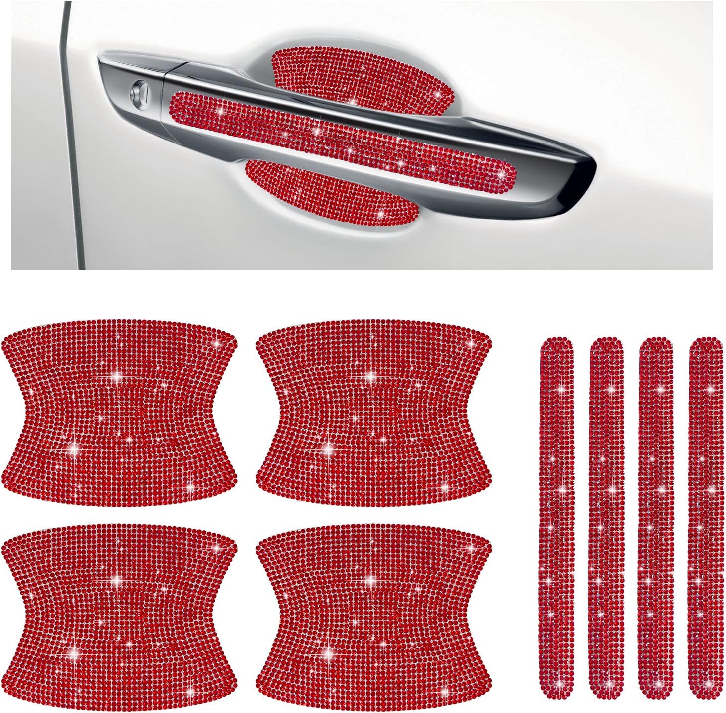 8 PCS Bling Car Door Handle Protector, Shiny Rhinestone Vehicle Door Handle Bowl Paint Guard Cover, Anti-Scratch Sparkling Handles Cups Protective Film for Most Car Doors (Red)