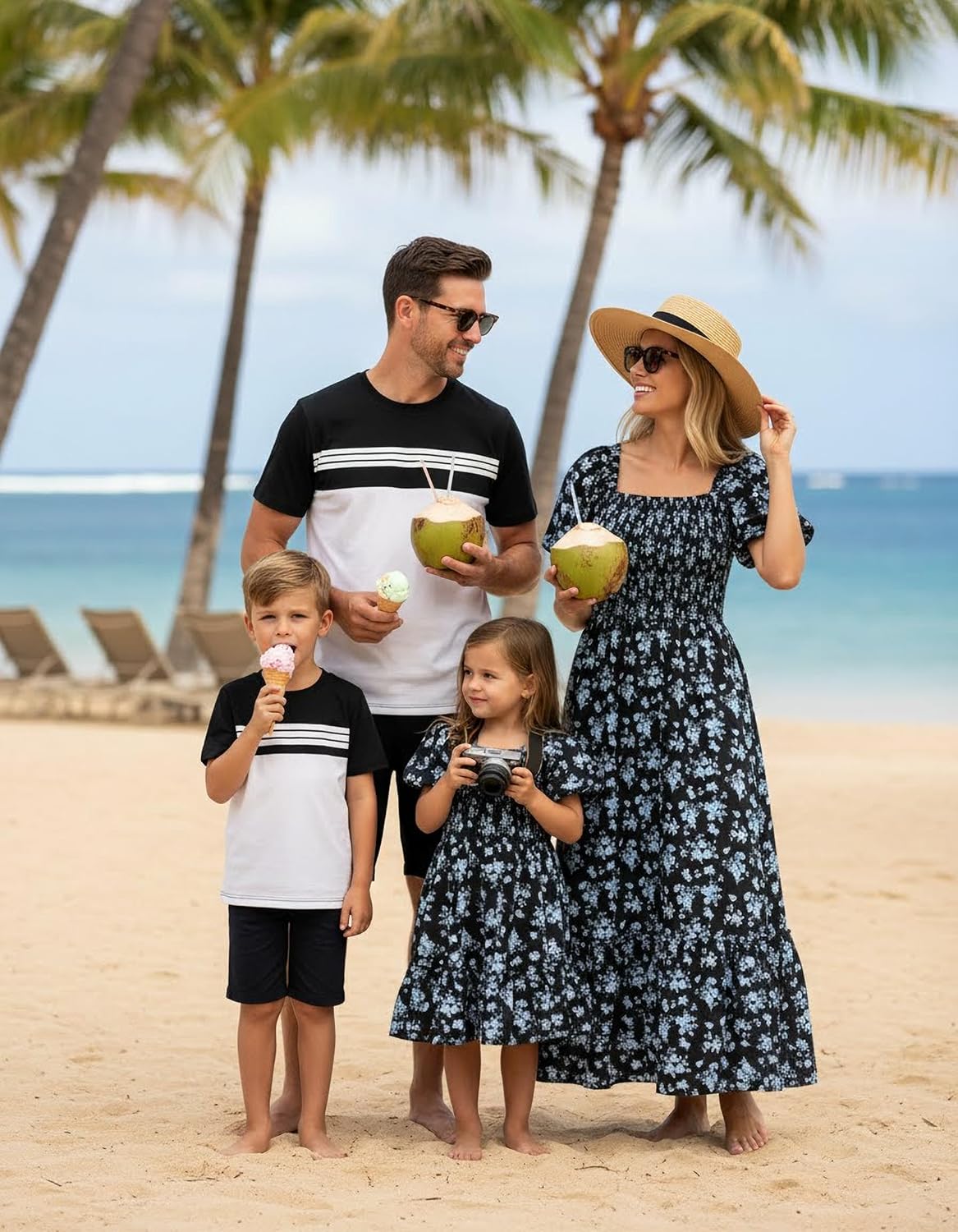 PATPAT Family Matching Outfits Mommy and Me Dresses Ditsy Floral Beach Vacation Photo Dresses and T-Shirts Matching Sets
