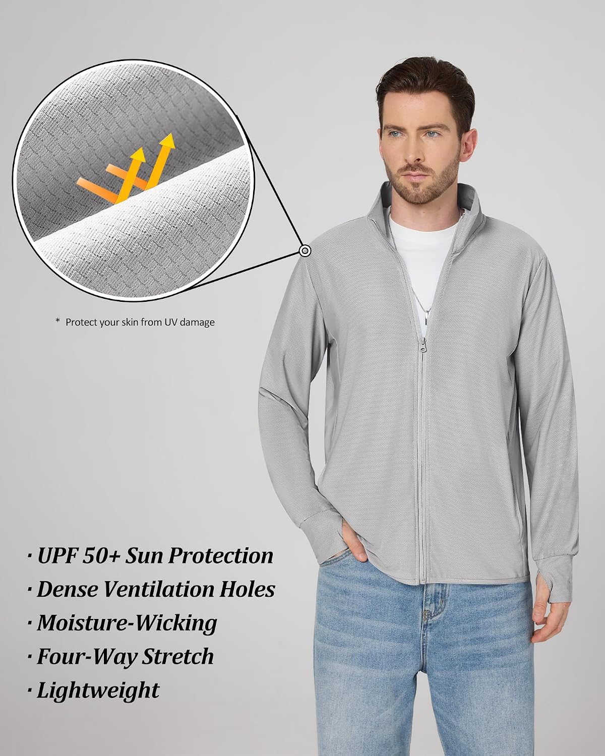 Locachy Men's UPF 50+ Sun Protection Lightweight Outdoor Jacket Full Zip Long Sleeve Fishing Hiking Performance Shirt