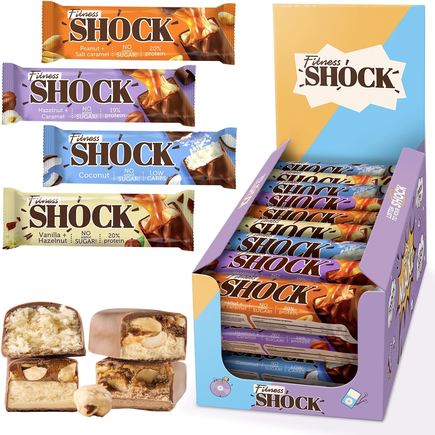 Protein Bars High Fiber, Low Carb Protein Snack Bars – No Added Sugar, Rich Chocolate Flavors | Variety Box | 24x50g