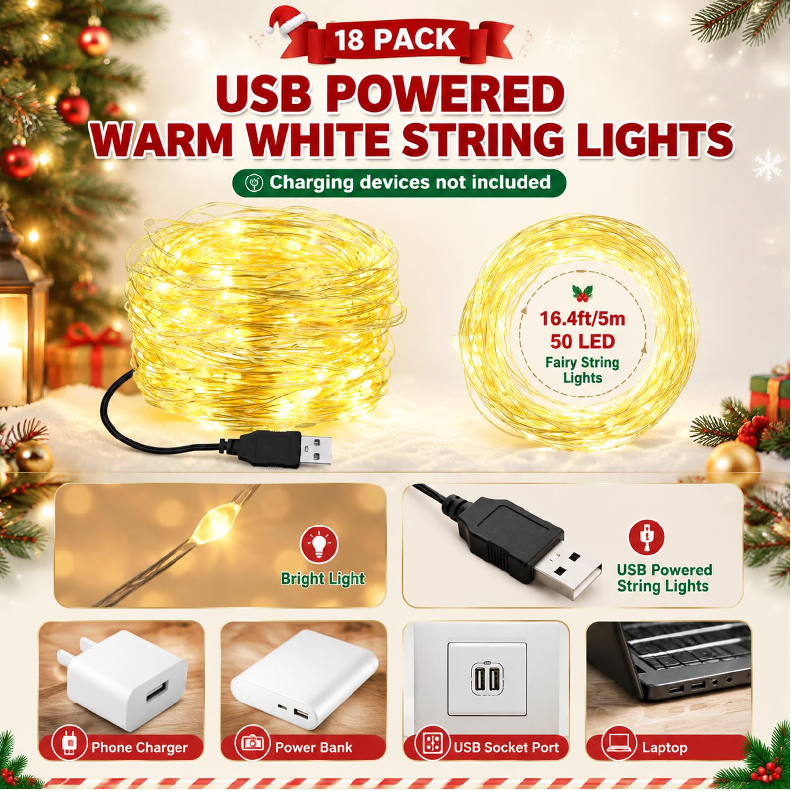 Macarrie Lot de 18 guirlandes lumineuses alimentées par USB - 4,9 m - 50 LED - Pour intérieur ou extérieur - Pour chambre à coucher, bricolage, fête, mariage, maison, festival, arbre, jardin