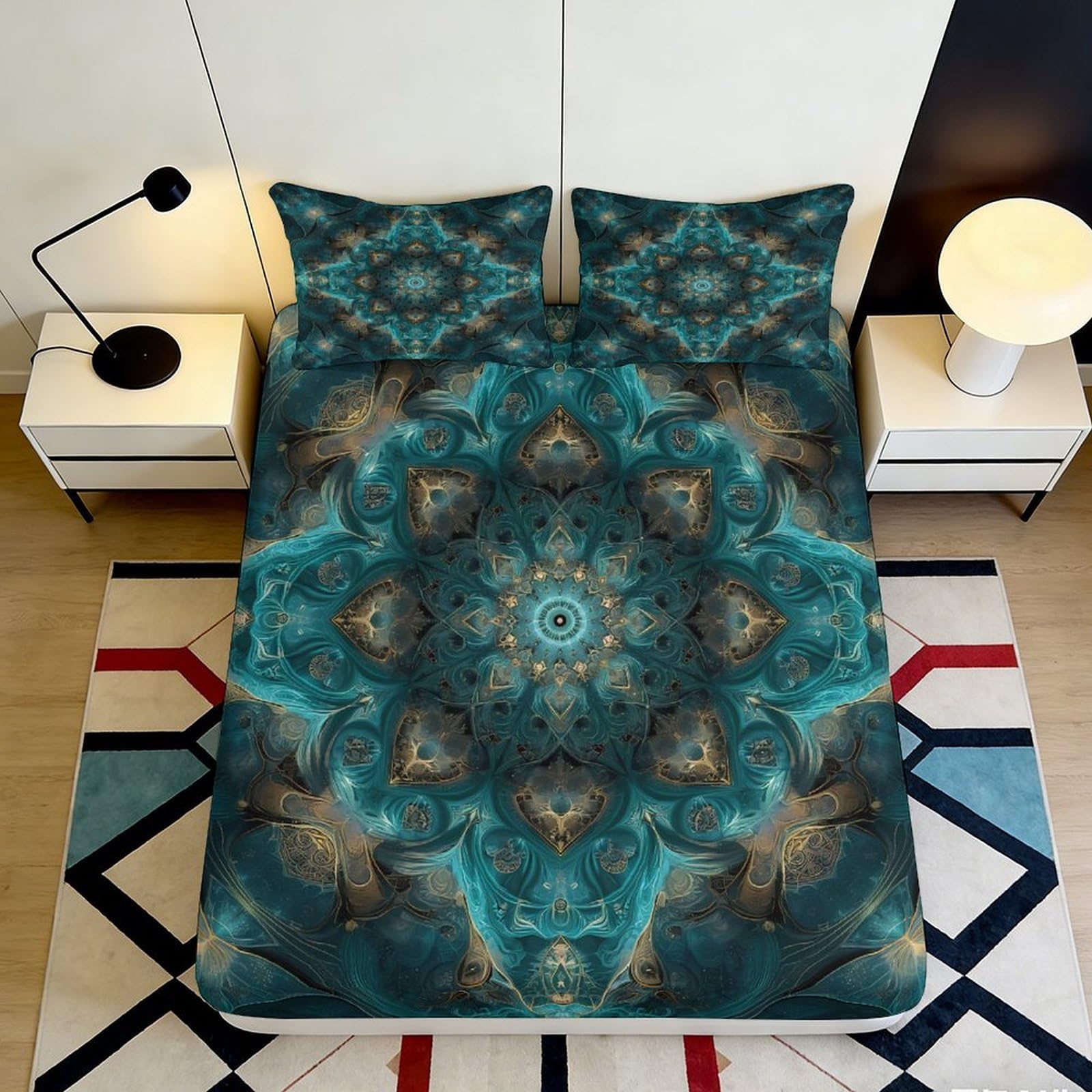 3D Printed Mandala Teal Fitted Sheet Microfiber Soft Breathable Kaleidoscope Mattress Cover for Bedroom Dorm Decor 90x200x25cm