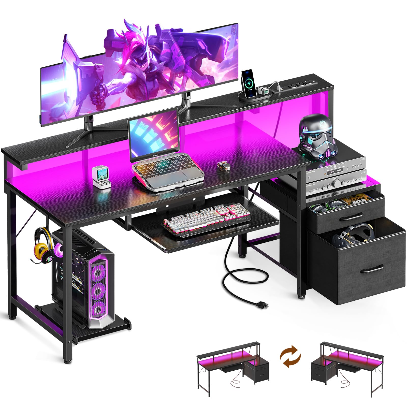 AODK 63-Inch Gaming Desk with Power Outlets & LED Light, Reversible PC Desk with Fabric Drawer and File Cabinet, Computer Desk with Keyboard Tray, Table with Full Monitor Riser and PC Stand, Black
